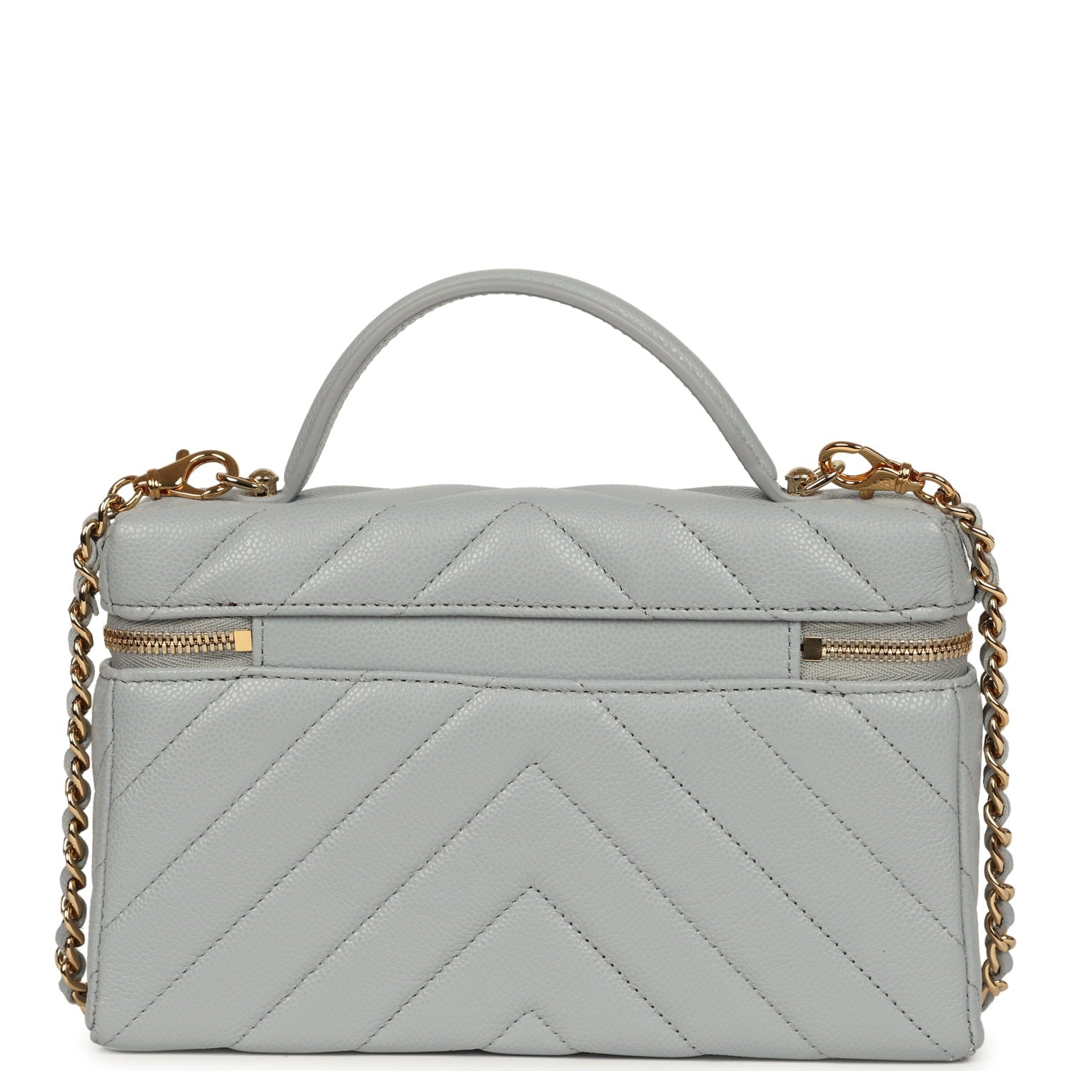 Chevron Top Handle Long Vanity Case with Chain Grey Shiny Caviar Gold Hardware