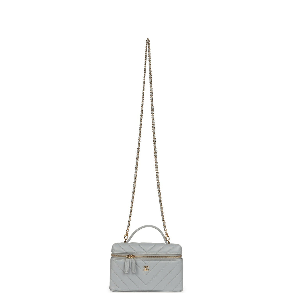 Chevron Top Handle Long Vanity Case with Chain Grey Shiny Caviar Gold Hardware