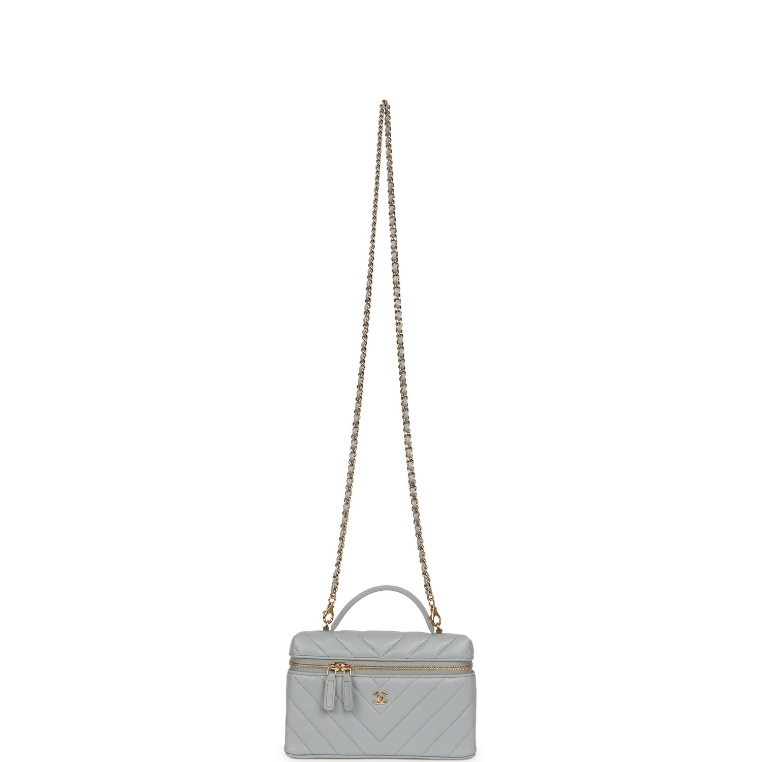 Chevron Top Handle Long Vanity Case with Chain Grey Shiny Caviar Gold Hardware