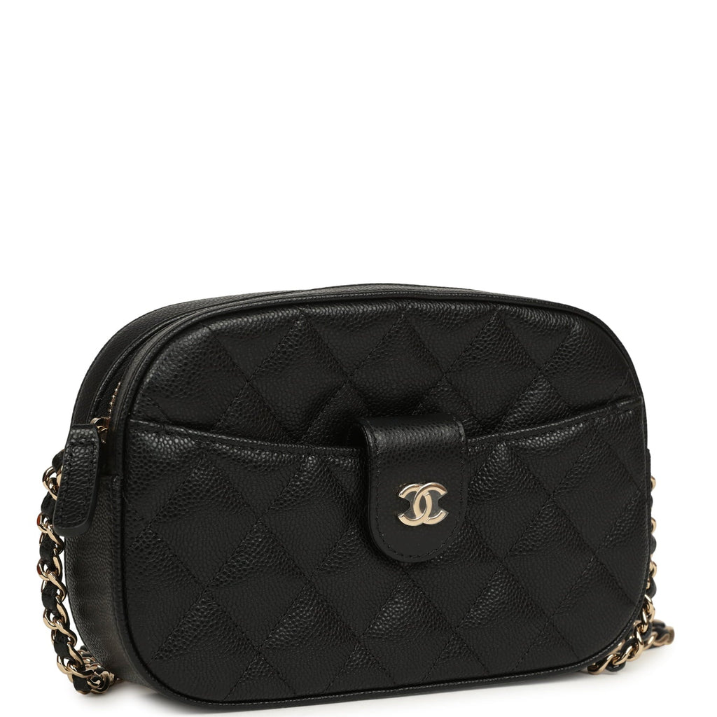 Mini Camera Case Clutch with Chain Black Caviar Light Gold Hardware