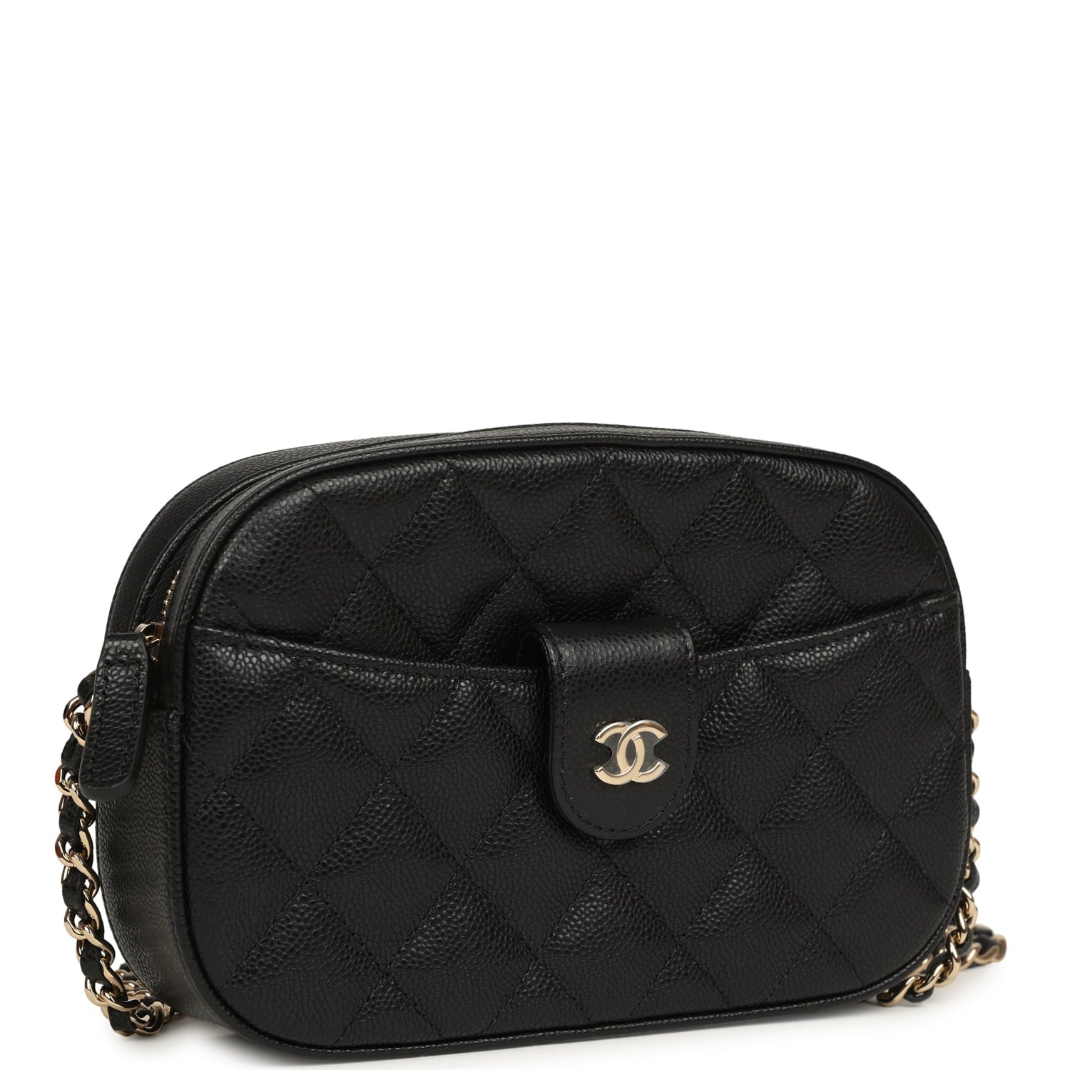 Mini Camera Case Clutch with Chain Black Caviar Light Gold Hardware