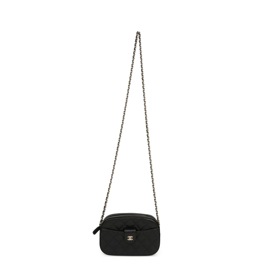 Mini Camera Case Clutch with Chain Black Caviar Light Gold Hardware