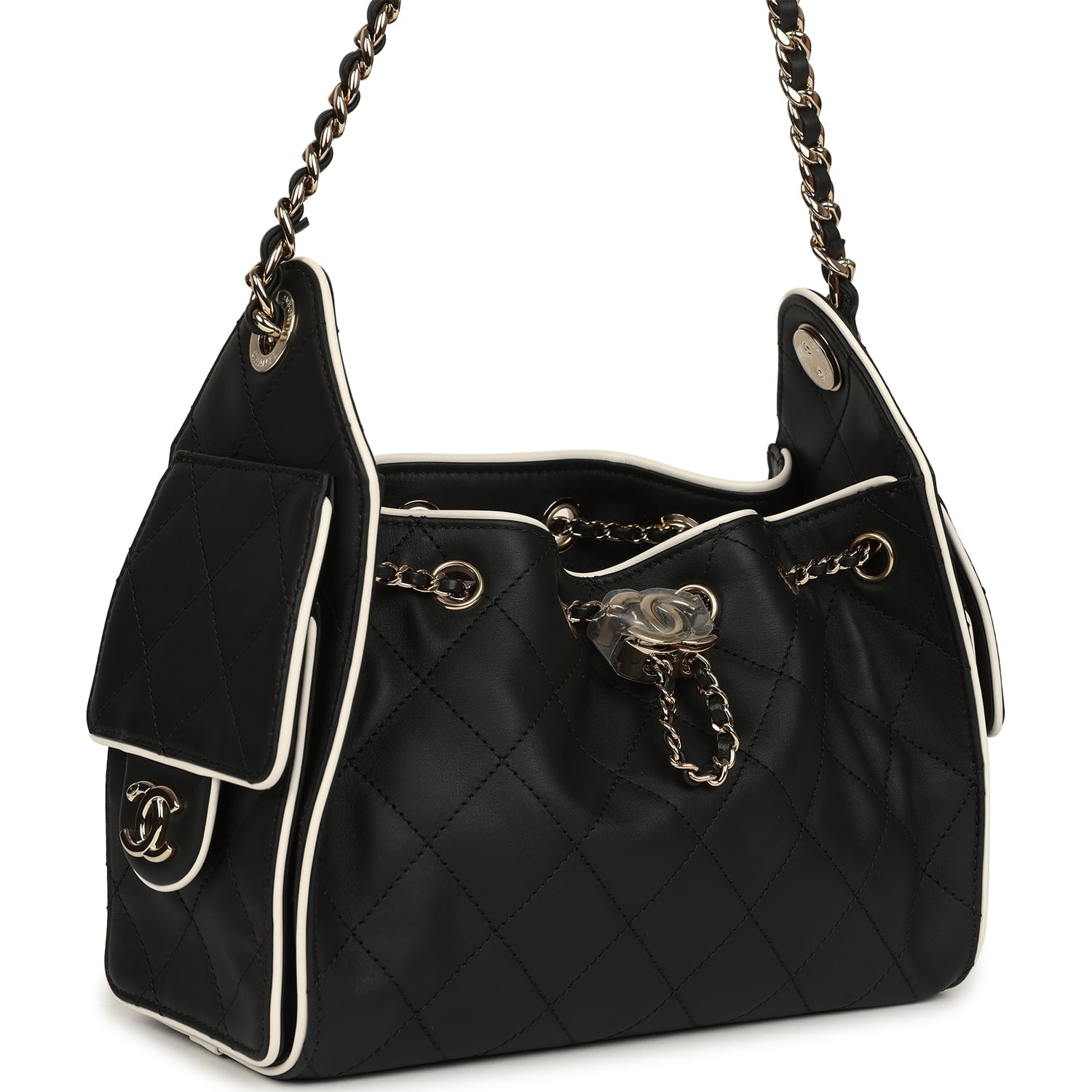 Mini 25 Hobo Bag Black and White Calfskin Light Gold Hardware