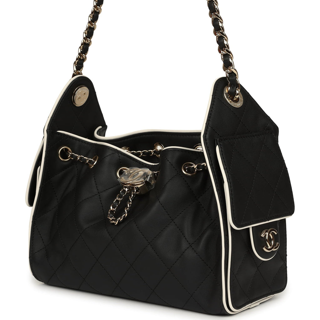 Mini 25 Hobo Bag Black and White Calfskin Light Gold Hardware