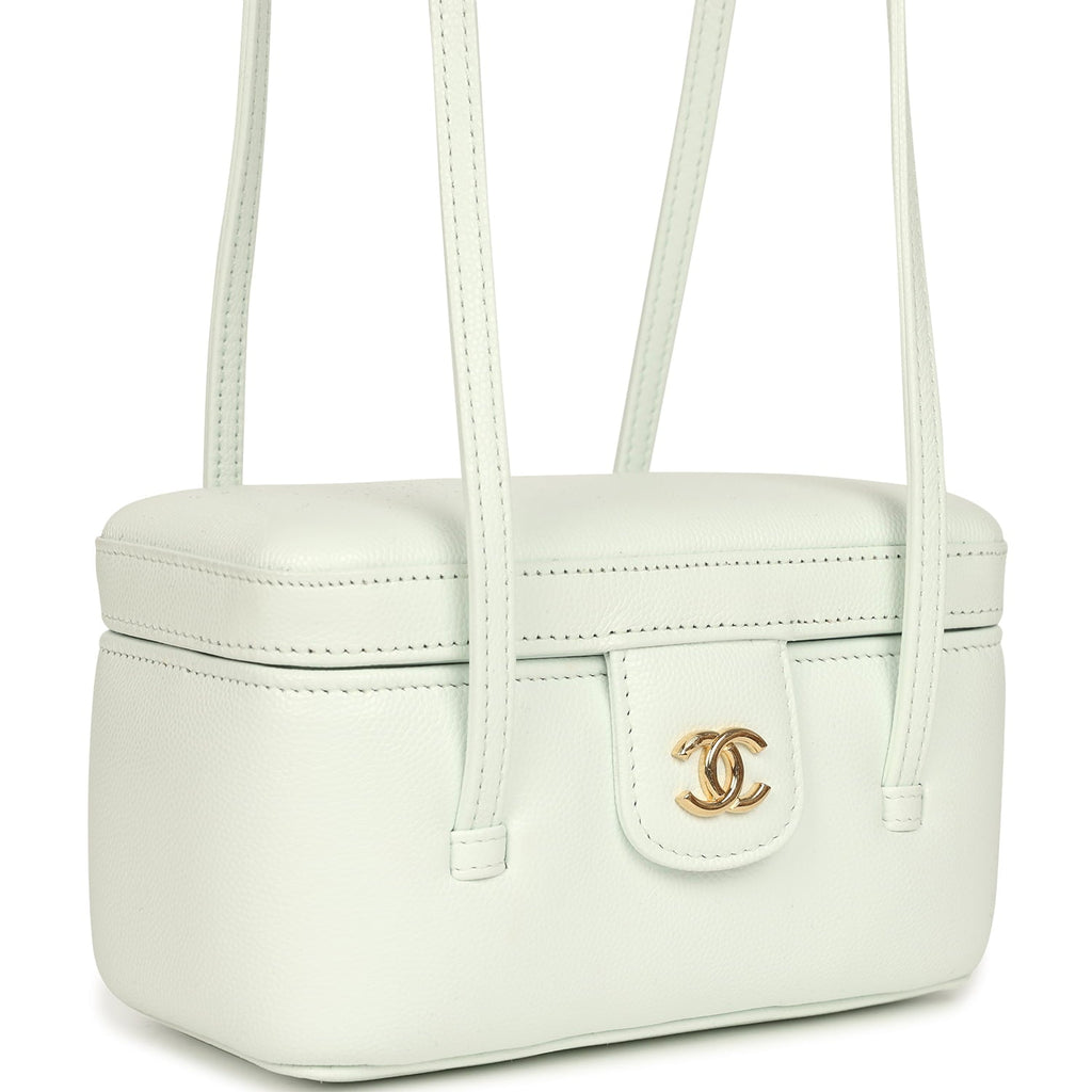 Preppy Coco Long Vanity with Straps Light Blue Shiny Caviar Brushed Gold Hardware