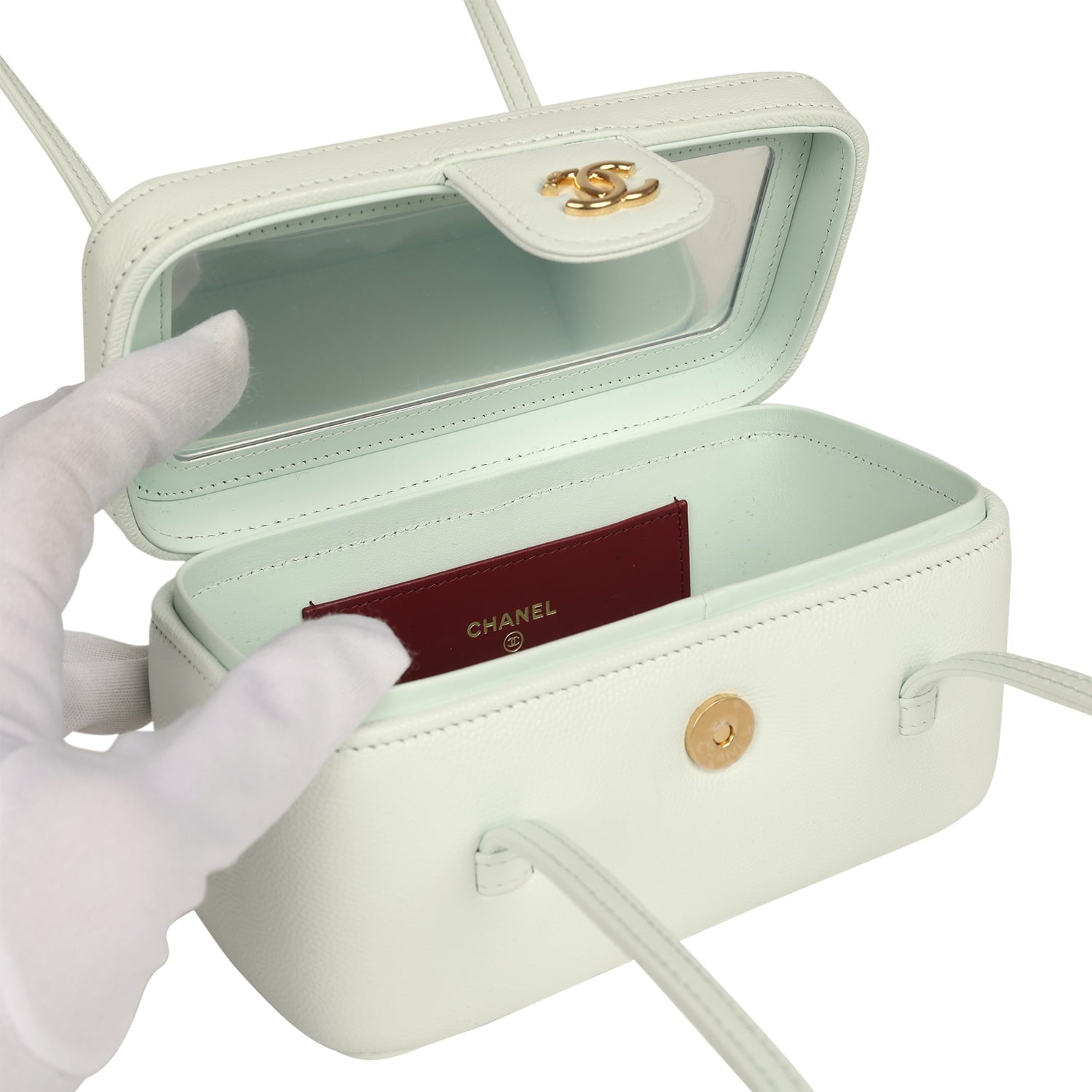 Preppy Coco Long Vanity with Straps Light Blue Shiny Caviar Brushed Gold Hardware