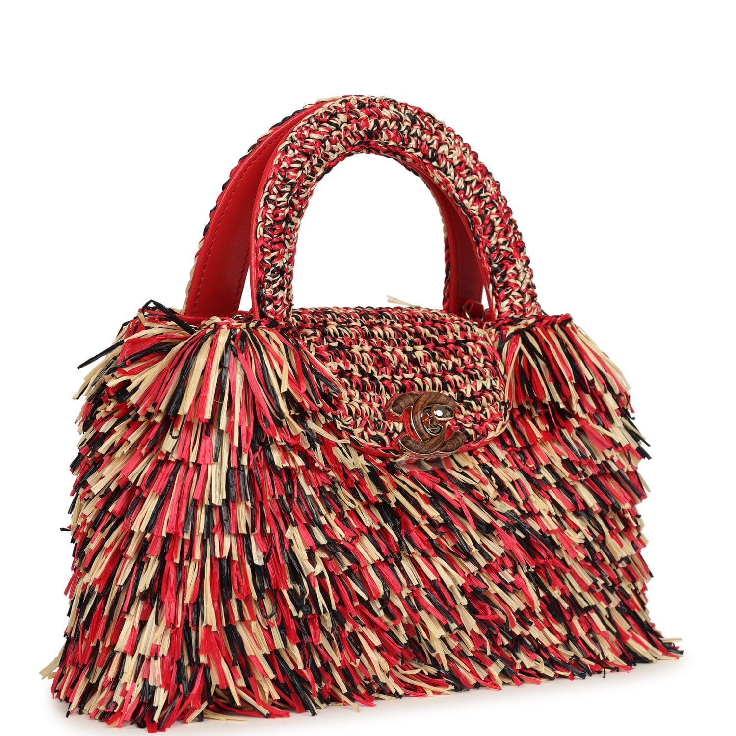 Small Fringe Kelly Red, Beige, Black Raffia Wood and Light Gold Hardware