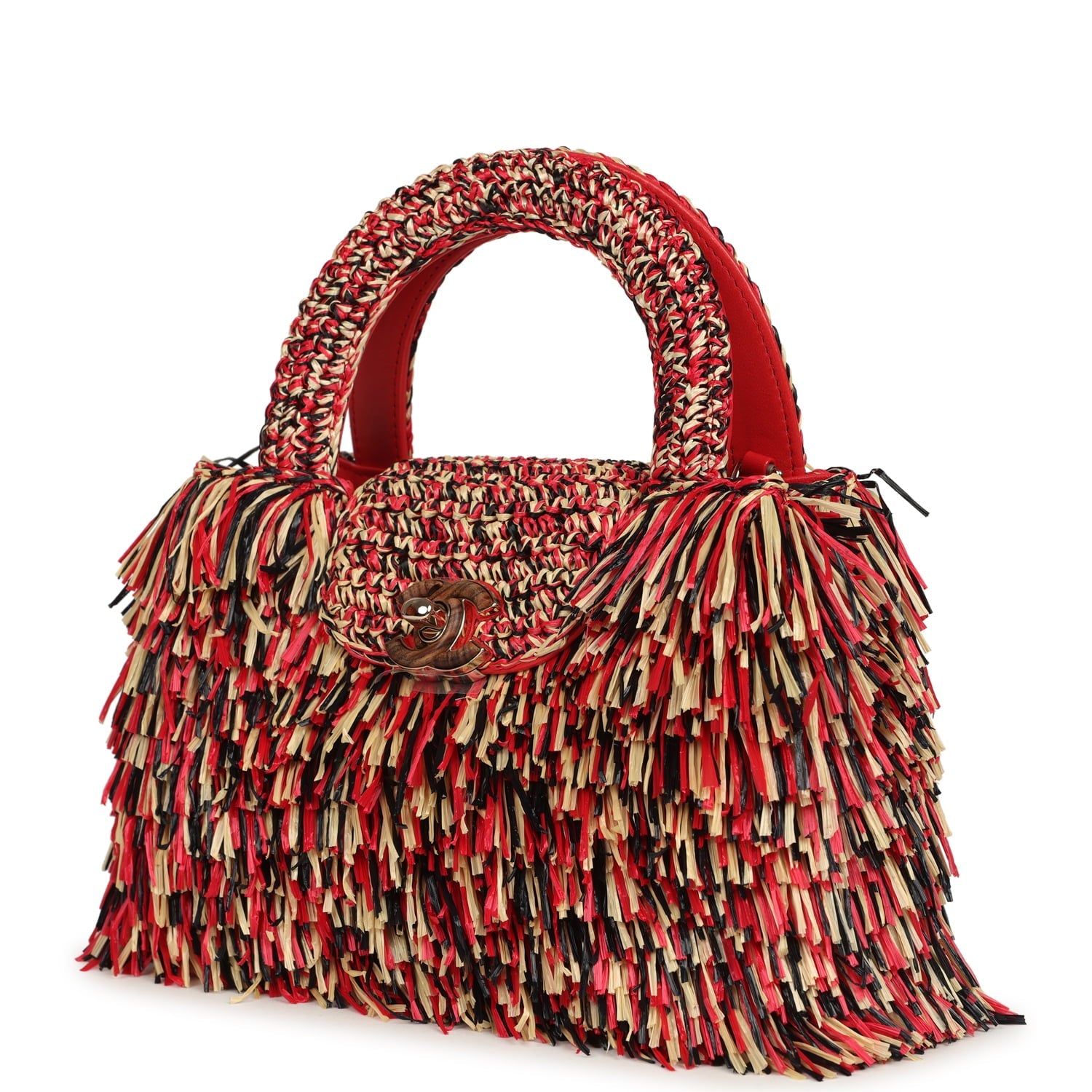 Small Fringe Kelly Red, Beige, Black Raffia Wood and Light Gold Hardware