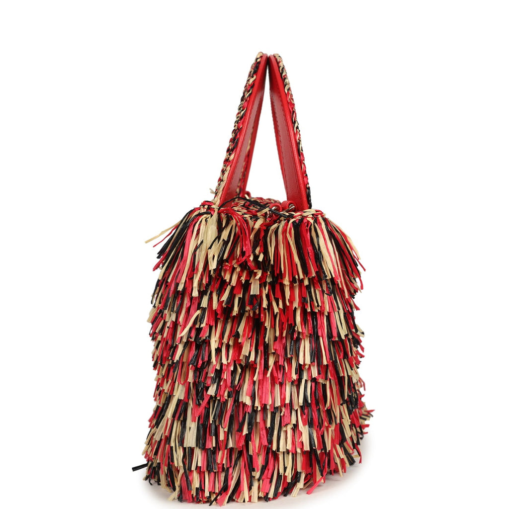 Small Fringe Kelly Red, Beige, Black Raffia Wood and Light Gold Hardware