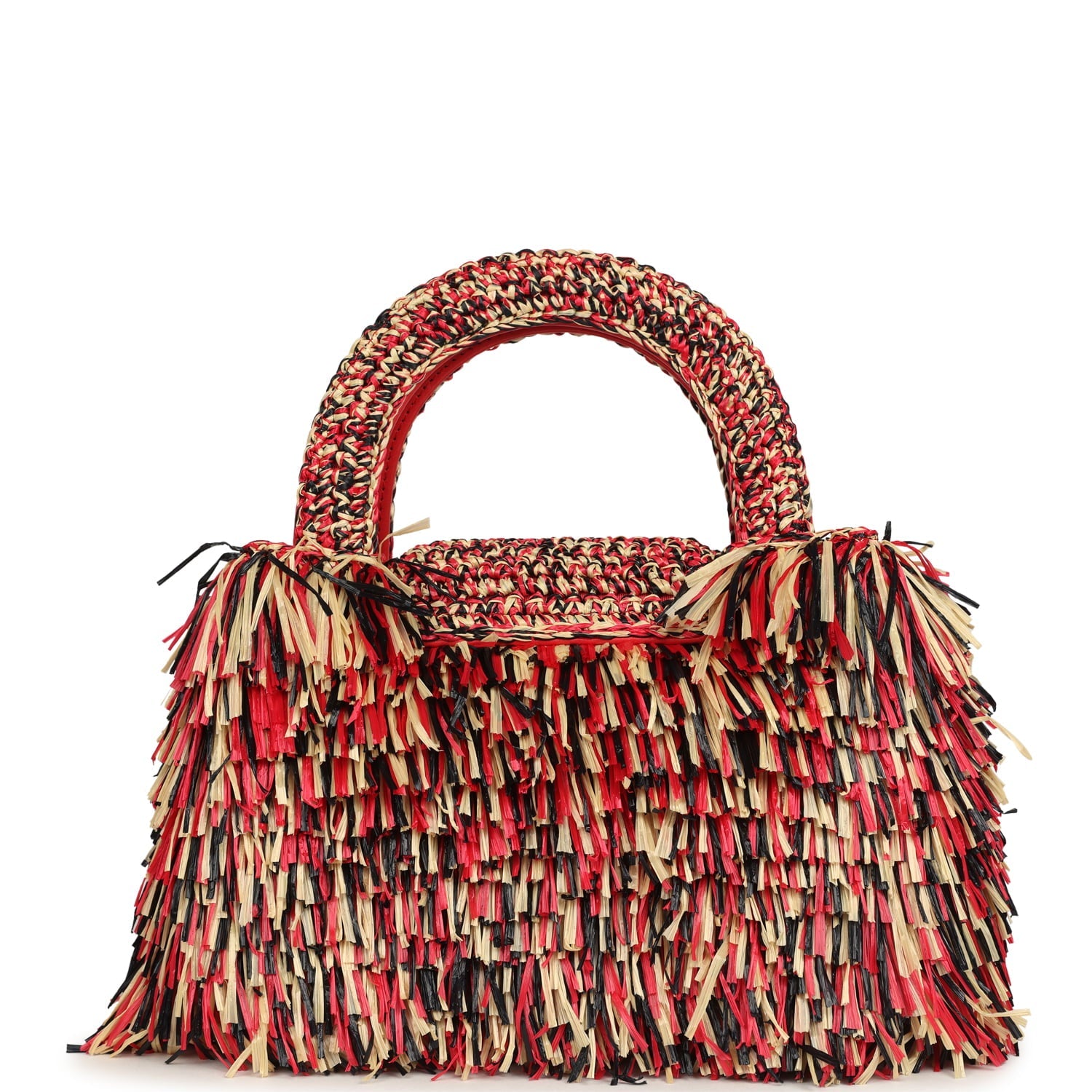 Small Fringe Kelly Red, Beige, Black Raffia Wood and Light Gold Hardware