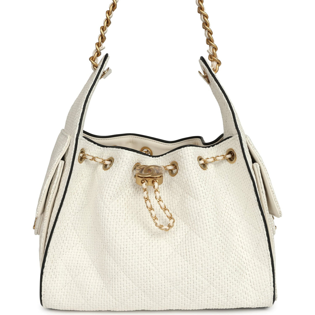 Small 25 Hobo Bag White Raffia and Black Calfskin Antique Gold Hardware