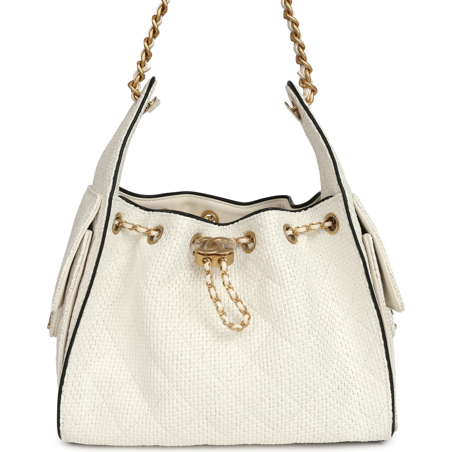 Small 25 Hobo Bag White Raffia and Black Calfskin Antique Gold Hardware