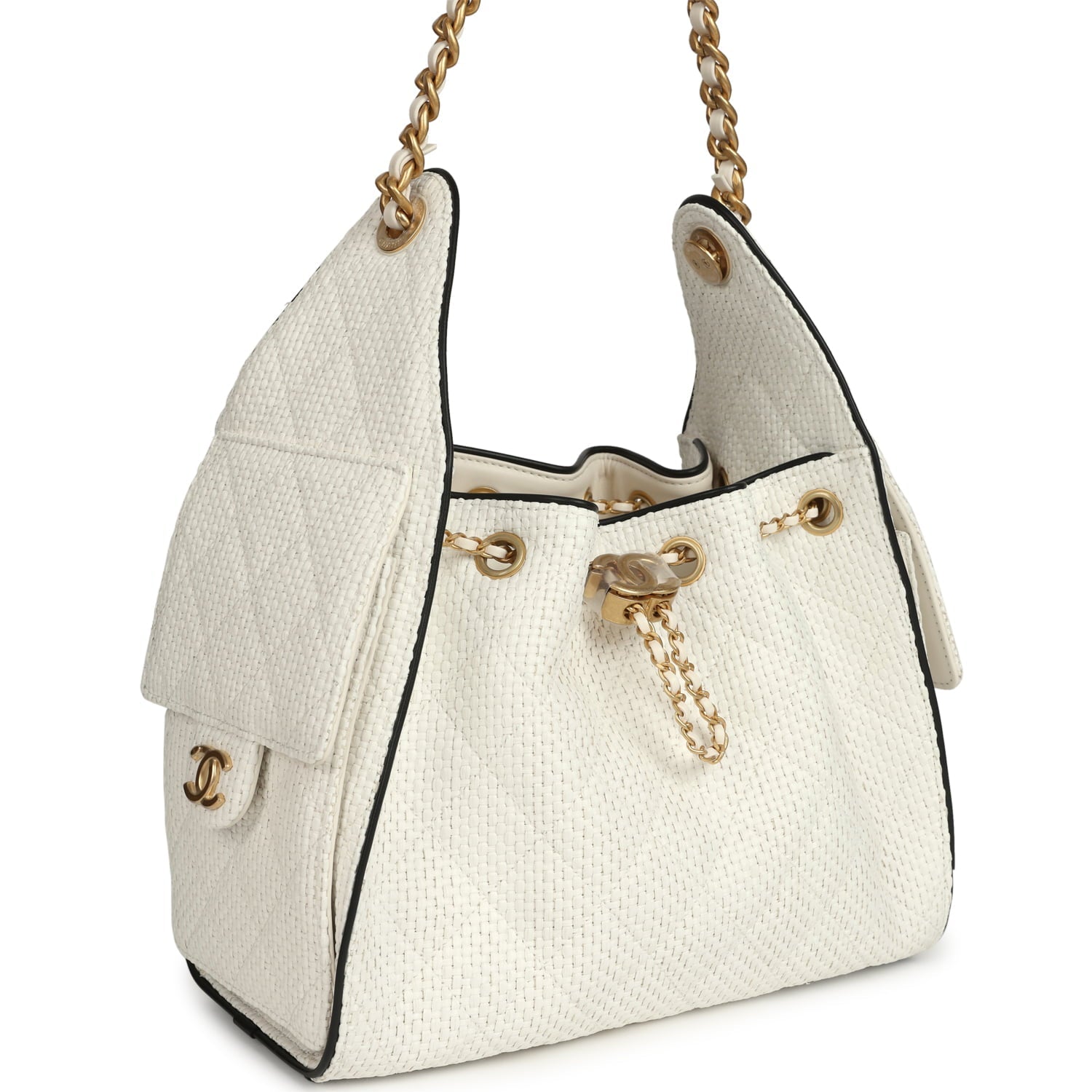 Small 25 Hobo Bag White Raffia and Black Calfskin Antique Gold Hardware