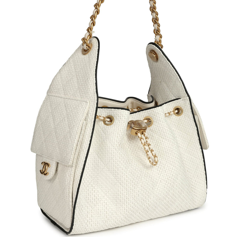 Small 25 Hobo Bag White Raffia and Black Calfskin Antique Gold Hardware