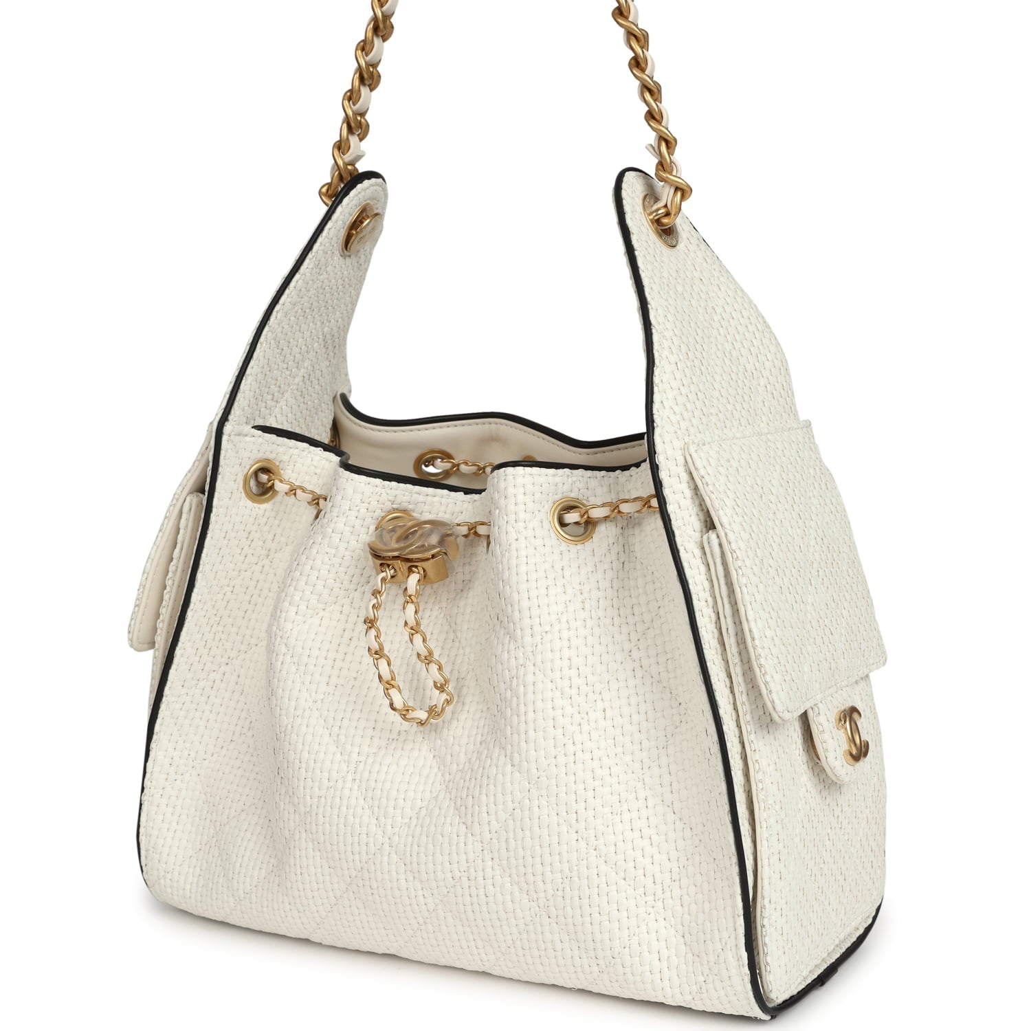 Small 25 Hobo Bag White Raffia and Black Calfskin Antique Gold Hardware