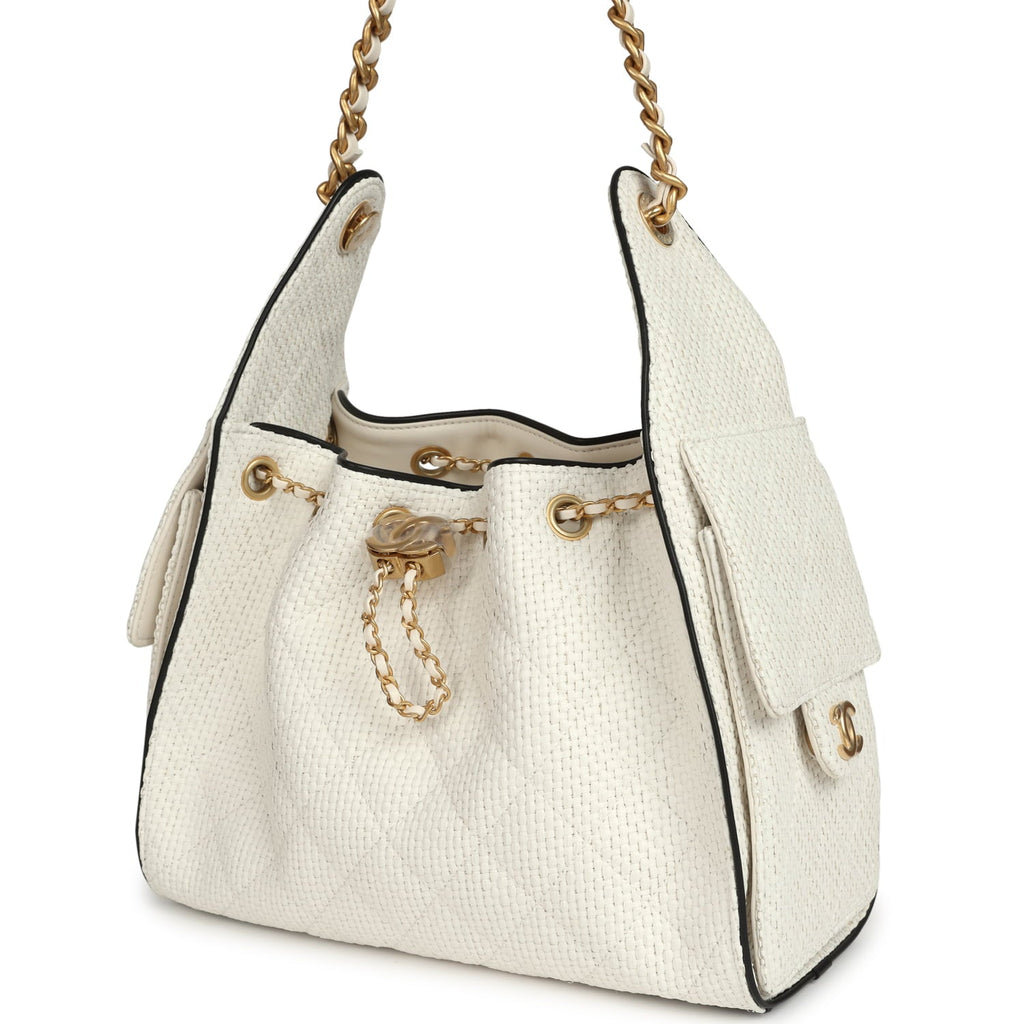 Small 25 Hobo Bag White Raffia and Black Calfskin Antique Gold Hardware