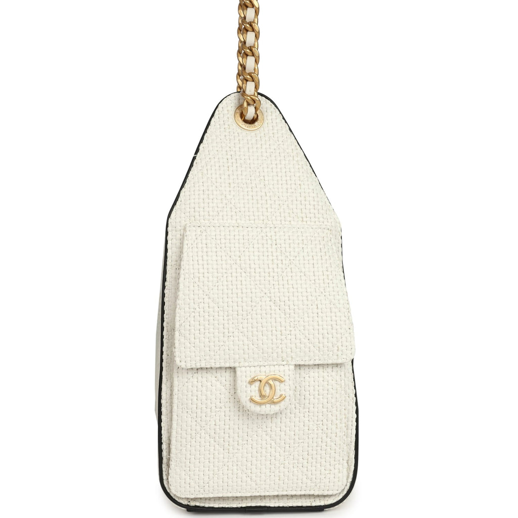 Small 25 Hobo Bag White Raffia and Black Calfskin Antique Gold Hardware