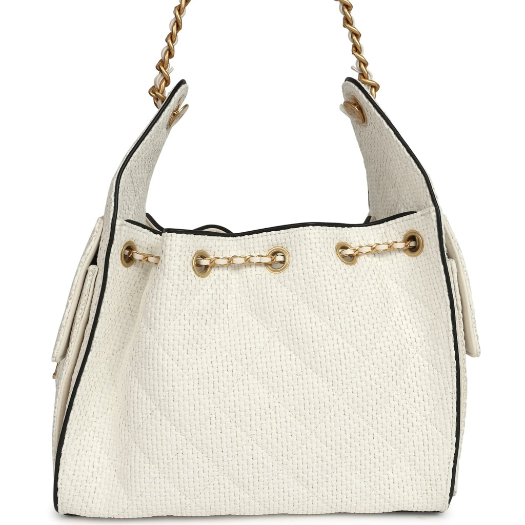 Small 25 Hobo Bag White Raffia and Black Calfskin Antique Gold Hardware