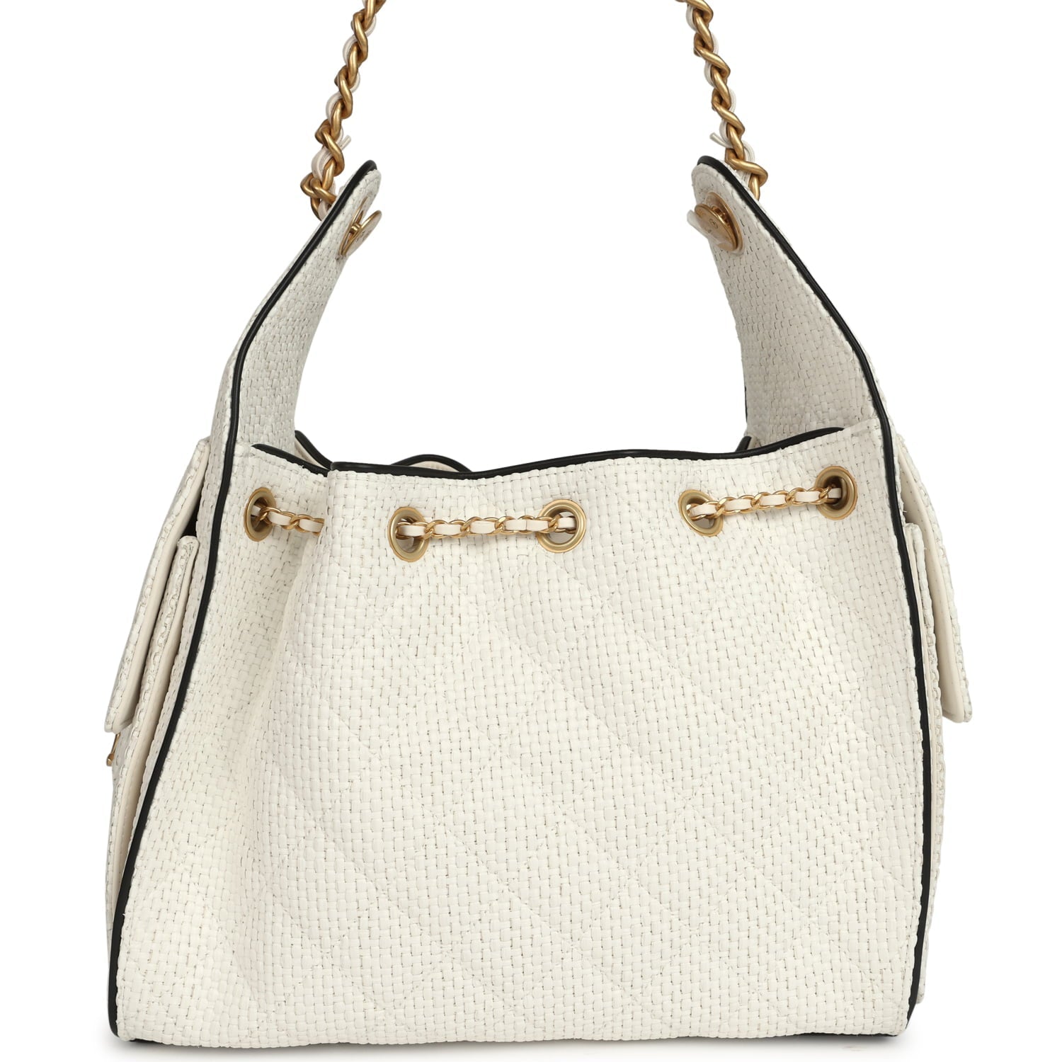 Small 25 Hobo Bag White Raffia and Black Calfskin Antique Gold Hardware
