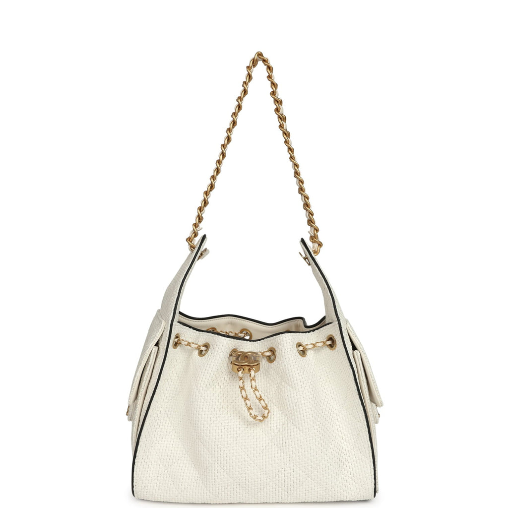 Small 25 Hobo Bag White Raffia and Black Calfskin Antique Gold Hardware