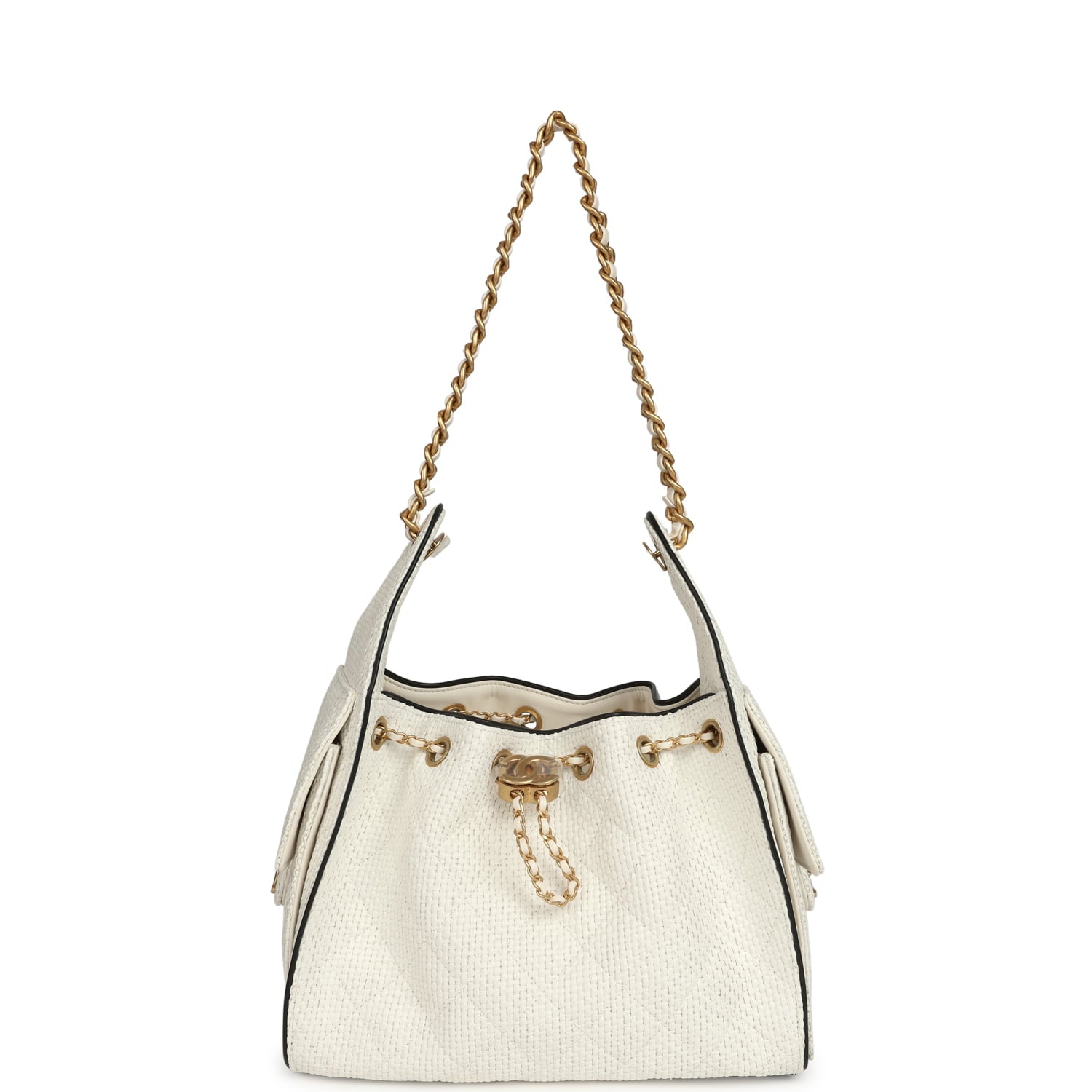 Small 25 Hobo Bag White Raffia and Black Calfskin Antique Gold Hardware