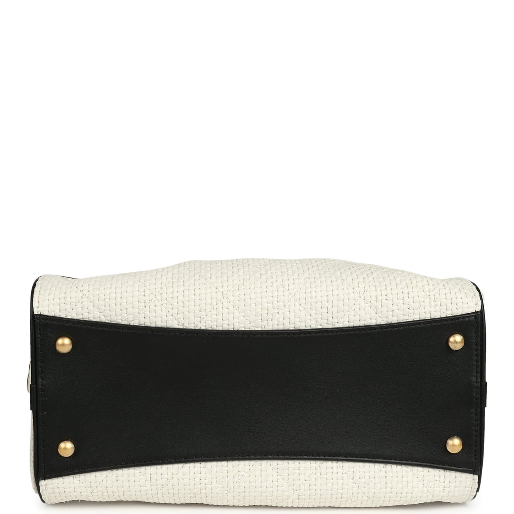 Small 25 Hobo Bag White Raffia and Black Calfskin Antique Gold Hardware