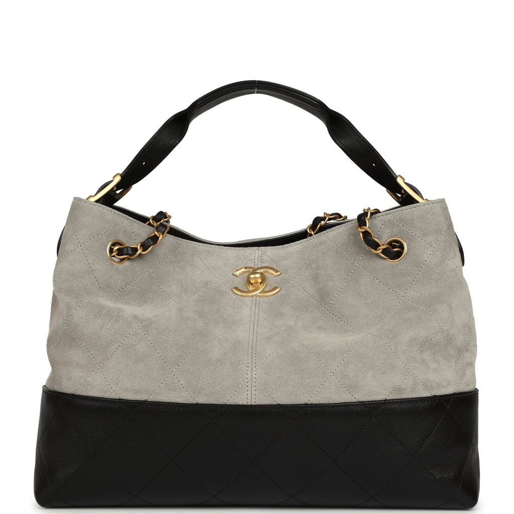 Small Coco Base Hobo Bag Grey Suede and Black Shiny Lambskin Brushed Gold Hardware