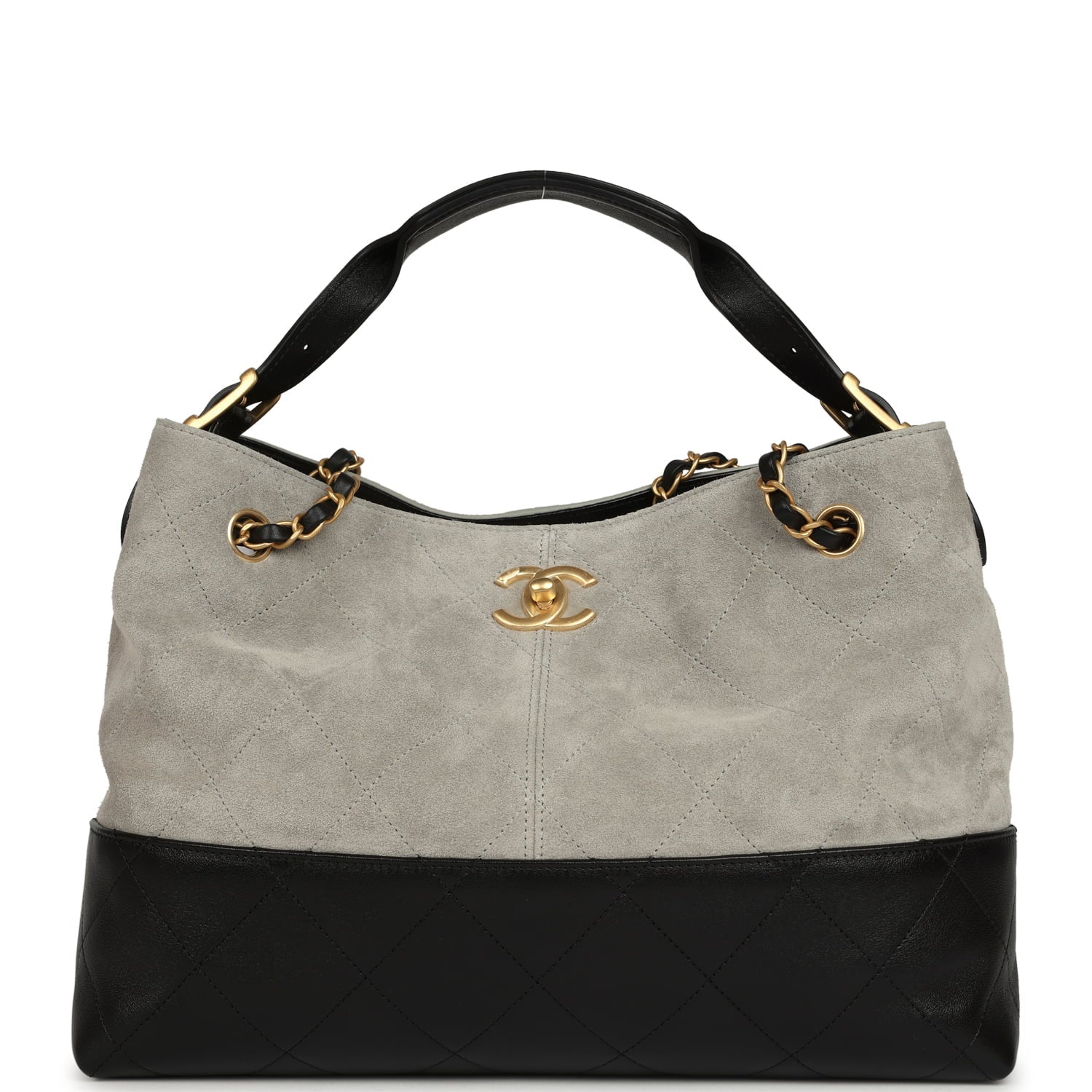 Small Coco Base Hobo Bag Grey Suede and Black Shiny Lambskin Brushed Gold Hardware