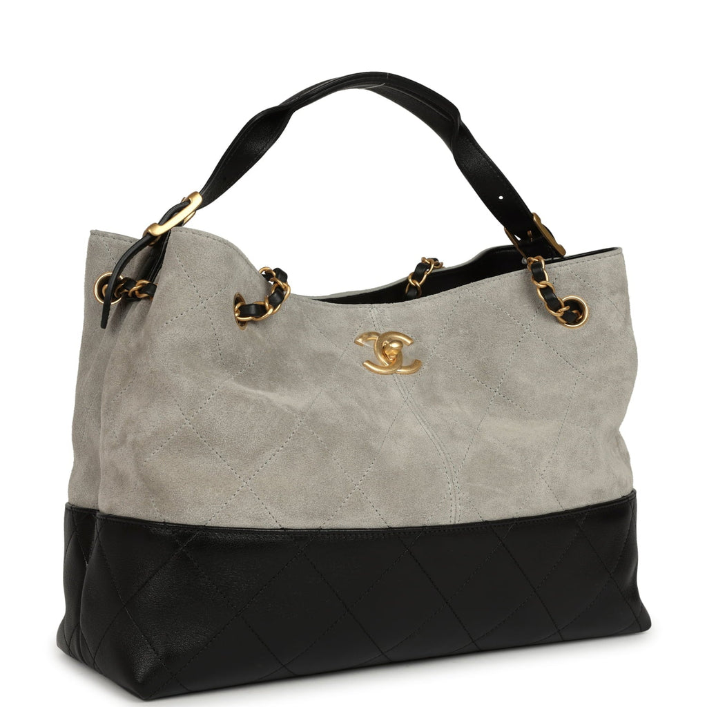 Small Coco Base Hobo Bag Grey Suede and Black Shiny Lambskin Brushed Gold Hardware