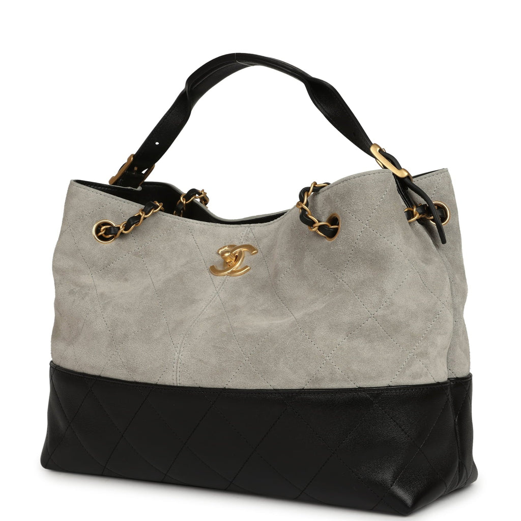 Small Coco Base Hobo Bag Grey Suede and Black Shiny Lambskin Brushed Gold Hardware