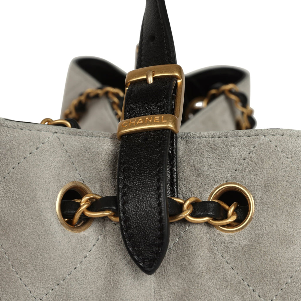Small Coco Base Hobo Bag Grey Suede and Black Shiny Lambskin Brushed Gold Hardware