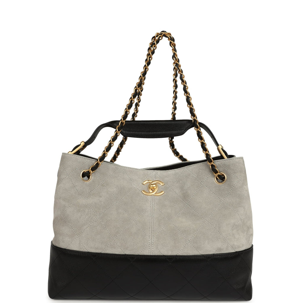 Small Coco Base Hobo Bag Grey Suede and Black Shiny Lambskin Brushed Gold Hardware