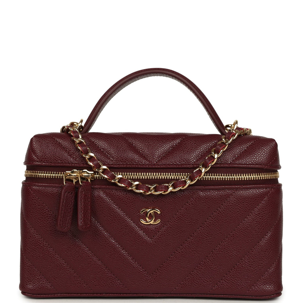 Chevron Top Handle Long Vanity Case with Chain Dark Burgundy Shiny Caviar Gold Hardware