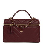 Chevron Top Handle Long Vanity Case with Chain Dark Burgundy Shiny Caviar Gold Hardware