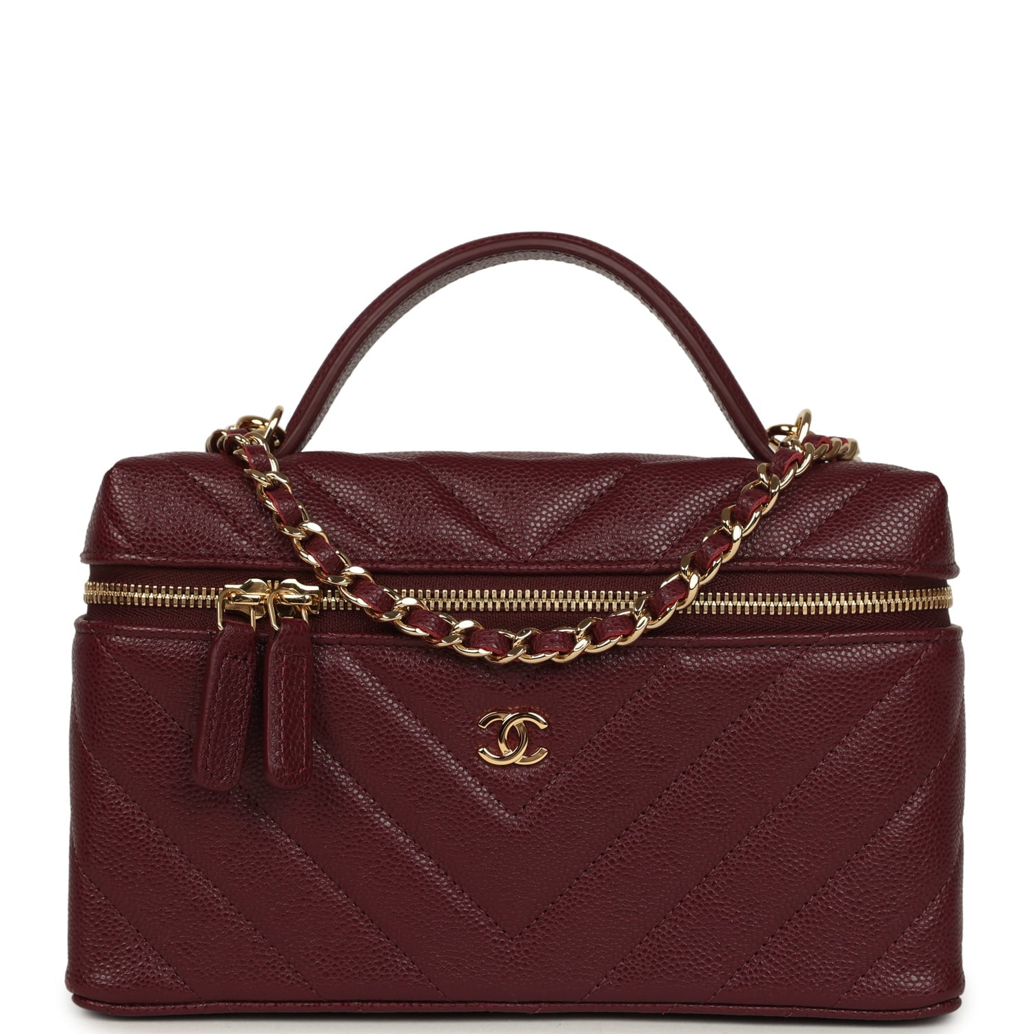 Chevron Top Handle Long Vanity Case with Chain Dark Burgundy Shiny Caviar Gold Hardware
