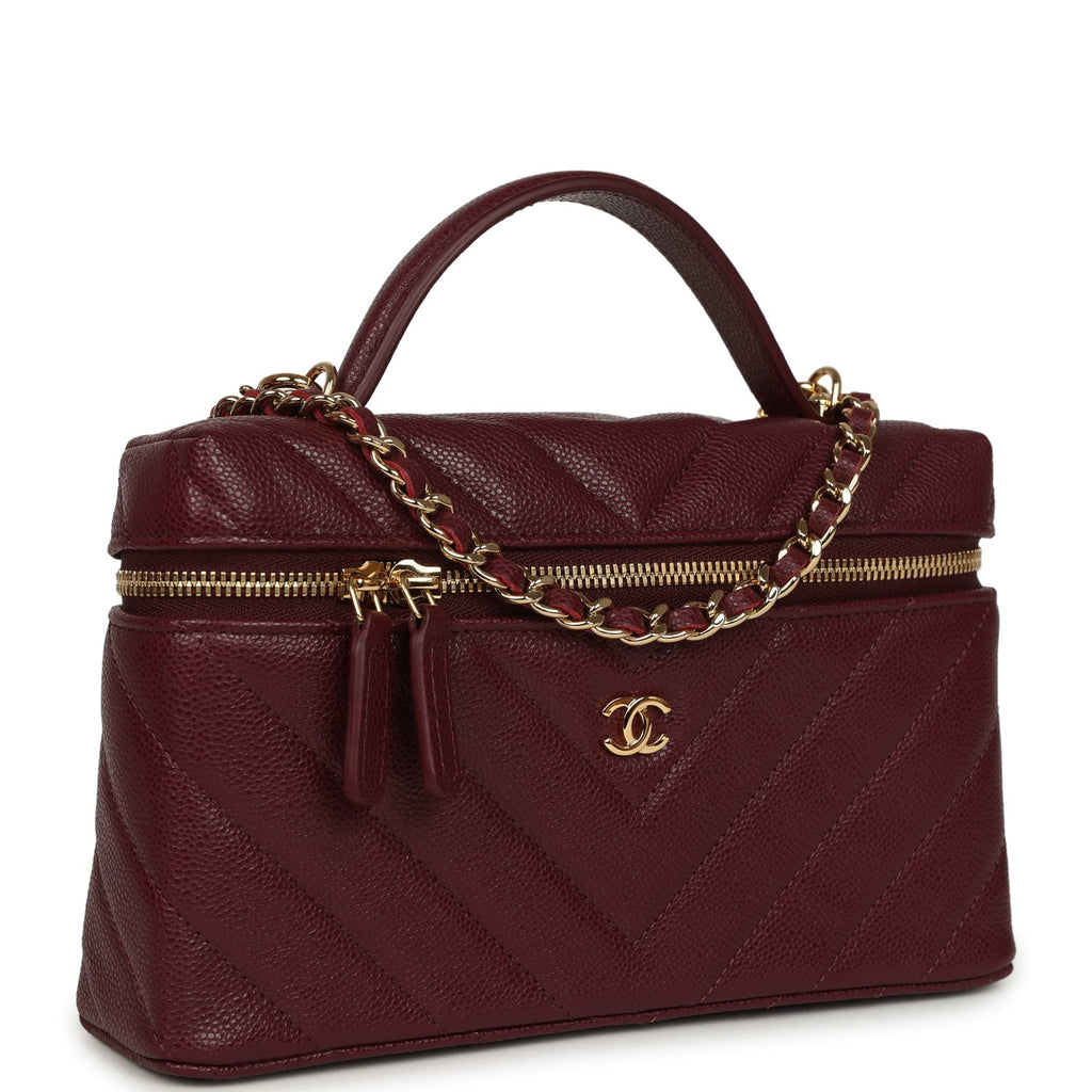 Chevron Top Handle Long Vanity Case with Chain Dark Burgundy Shiny Caviar Gold Hardware