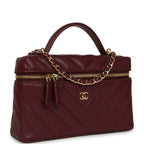 Chevron Top Handle Long Vanity Case with Chain Dark Burgundy Shiny Caviar Gold Hardware