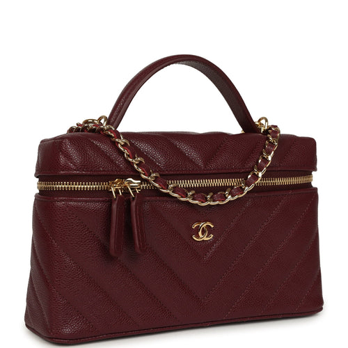 Chevron Top Handle Long Vanity Case with Chain Dark Burgundy Shiny Caviar Gold Hardware