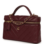 Chevron Top Handle Long Vanity Case with Chain Dark Burgundy Shiny Caviar Gold Hardware