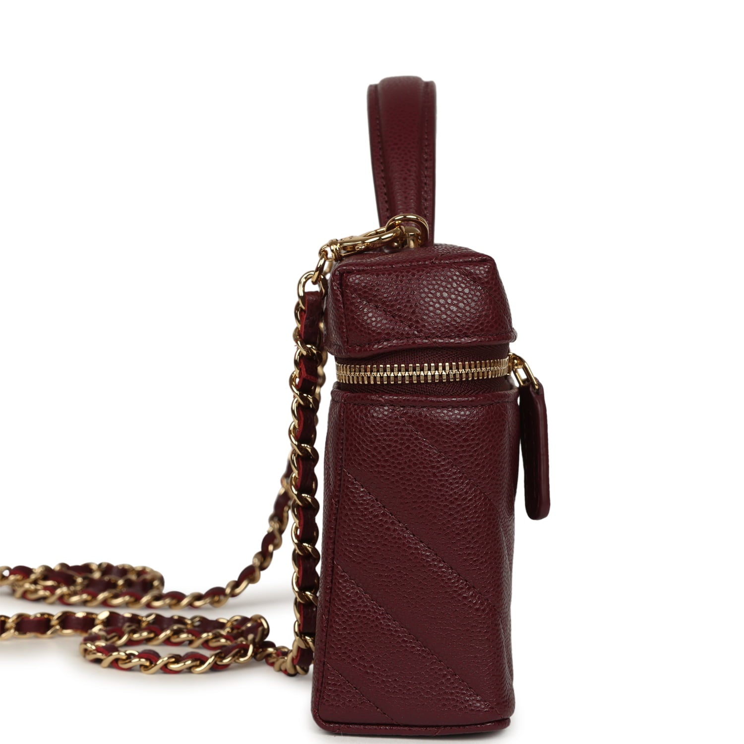 Chevron Top Handle Long Vanity Case with Chain Dark Burgundy Shiny Caviar Gold Hardware