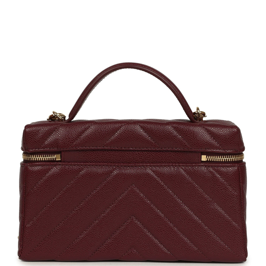 Chevron Top Handle Long Vanity Case with Chain Dark Burgundy Shiny Caviar Gold Hardware