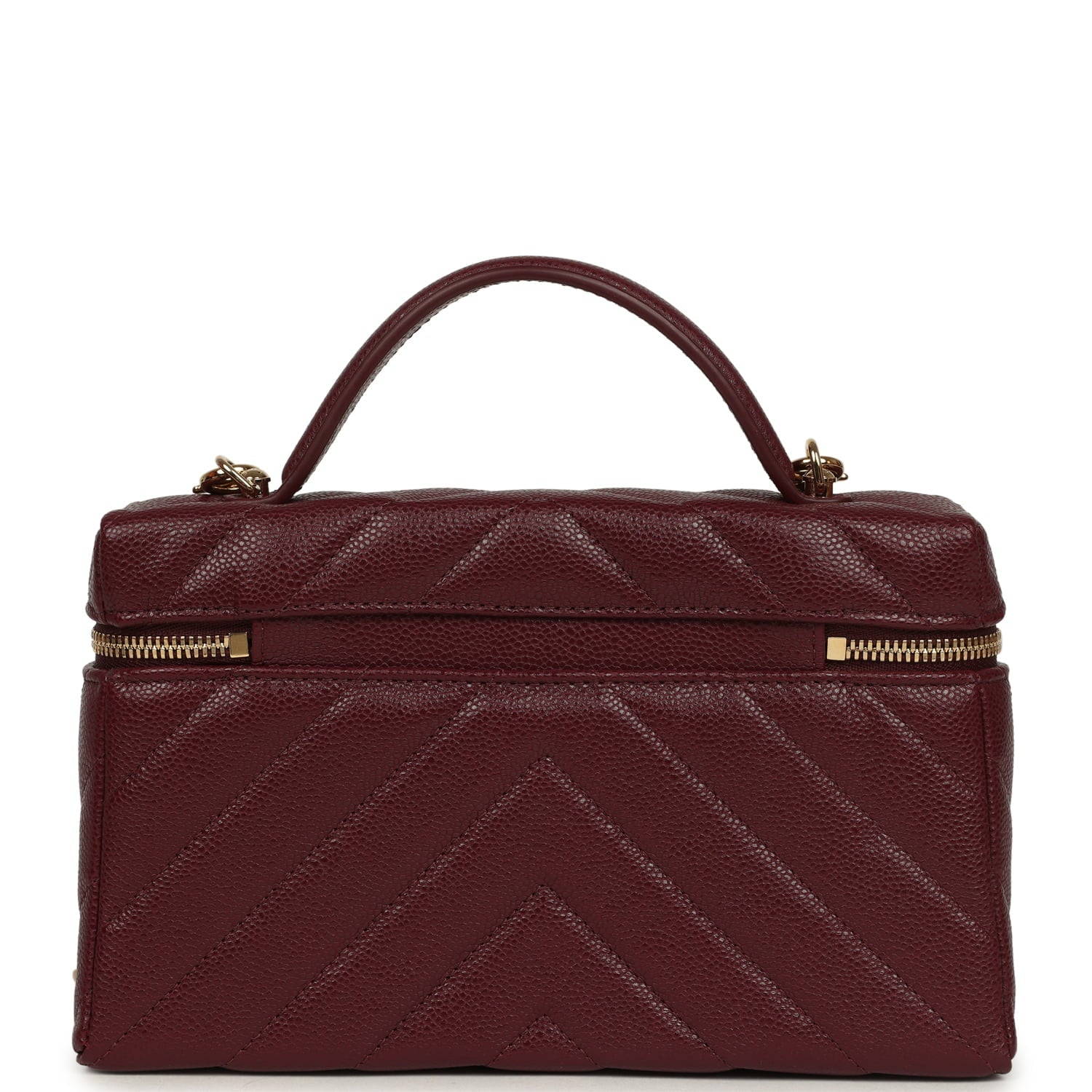 Chevron Top Handle Long Vanity Case with Chain Dark Burgundy Shiny Caviar Gold Hardware