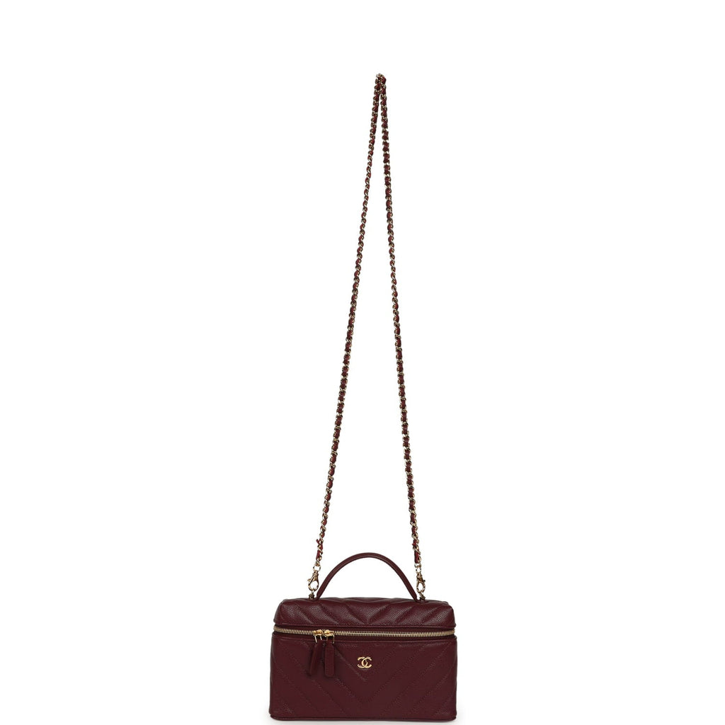 Chevron Top Handle Long Vanity Case with Chain Dark Burgundy Shiny Caviar Gold Hardware