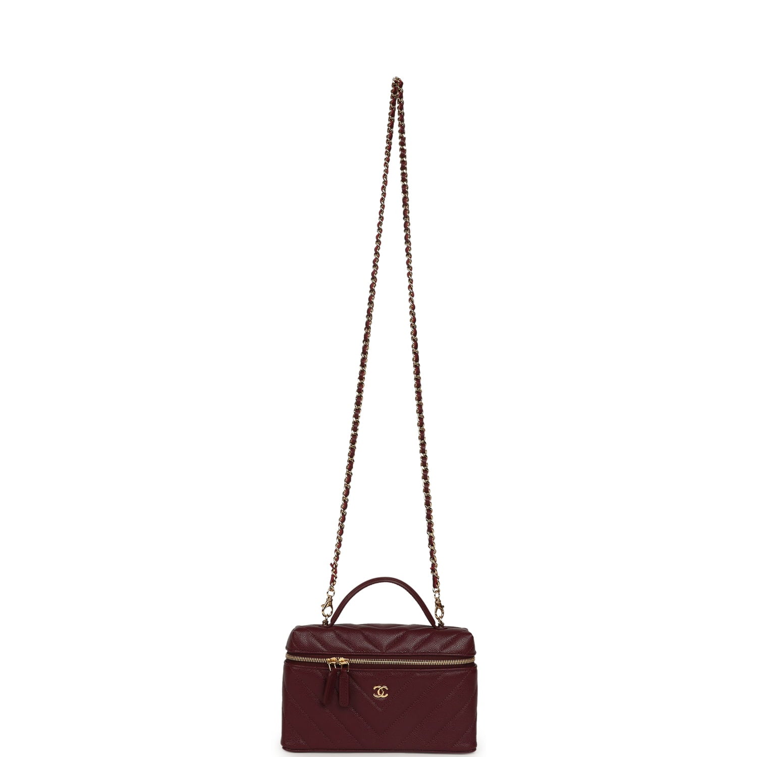 Chevron Top Handle Long Vanity Case with Chain Dark Burgundy Shiny Caviar Gold Hardware