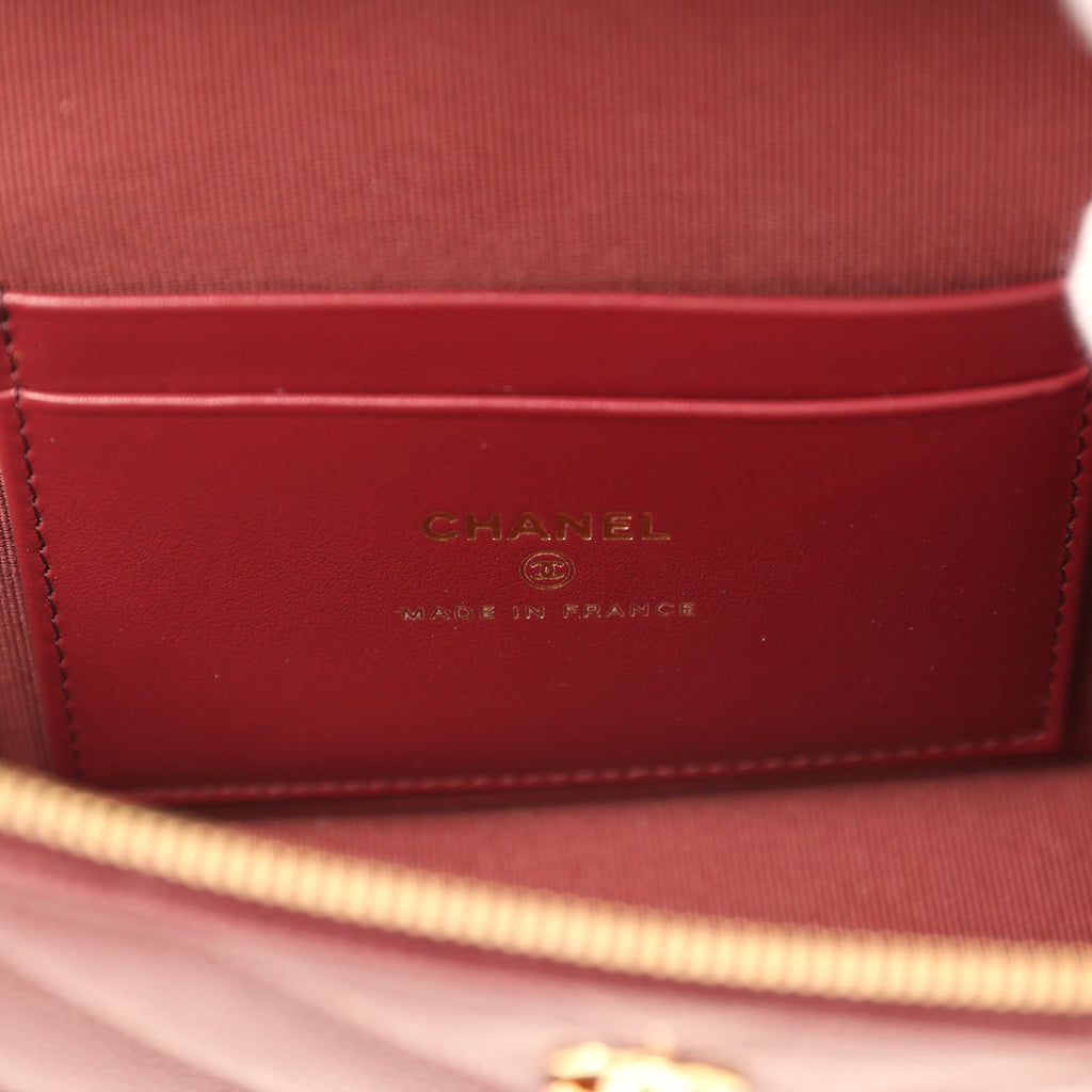Chevron Top Handle Long Vanity Case with Chain Dark Burgundy Shiny Caviar Gold Hardware