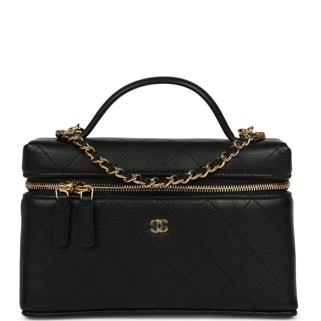 Top Handle Long Vanity Case with Chain Black Grained Goatskin Gold Hardware