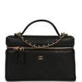 Top Handle Long Vanity Case with Chain Black Grained Goatskin Gold Hardware