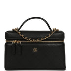 Top Handle Long Vanity Case with Chain Black Grained Goatskin Gold Hardware