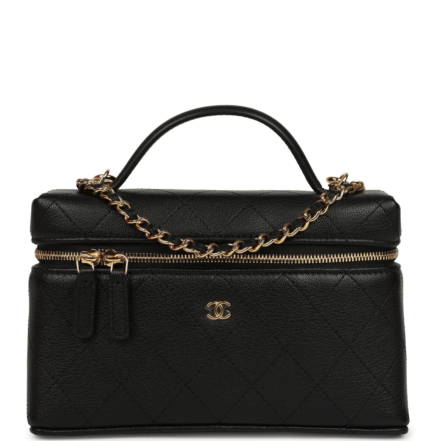 Top Handle Long Vanity Case with Chain Black Grained Goatskin Gold Hardware