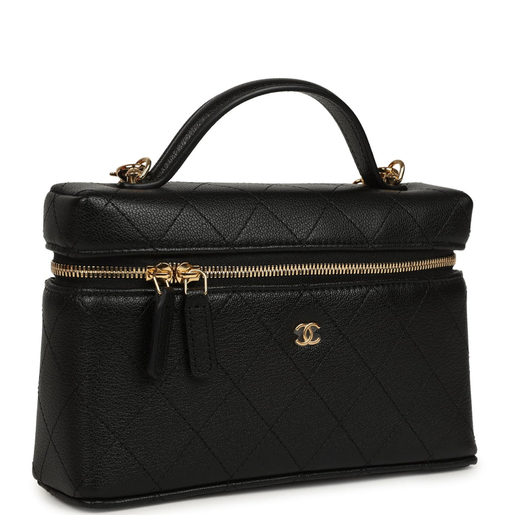 Top Handle Long Vanity Case with Chain Black Grained Goatskin Gold Hardware
